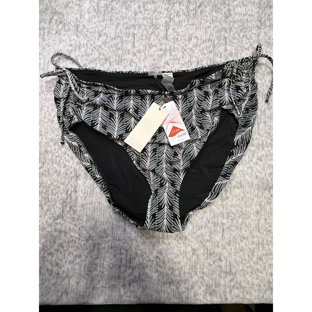 Calaia Swim Collection Black Feather Print Adjustable Rise Bikini Bottoms 1X NWT